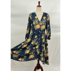TROVATA Birds of Paradis Sz XS Ainsley Boho Shirt Dress Navy Gold Floral